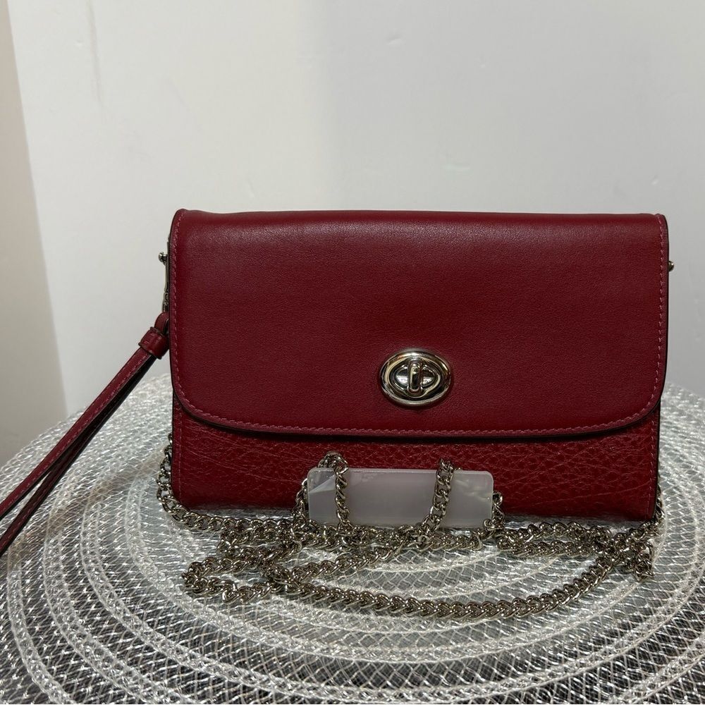 Coach Leather Chain Crossbody in Cherry Red/Silver NWT